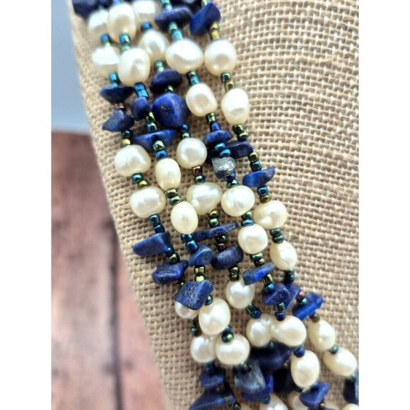 GCM Gerald C. Miller Faux Pearl Blue Chip Stone Multi Strand Collar Necklace 21" - Picture 5 of 9